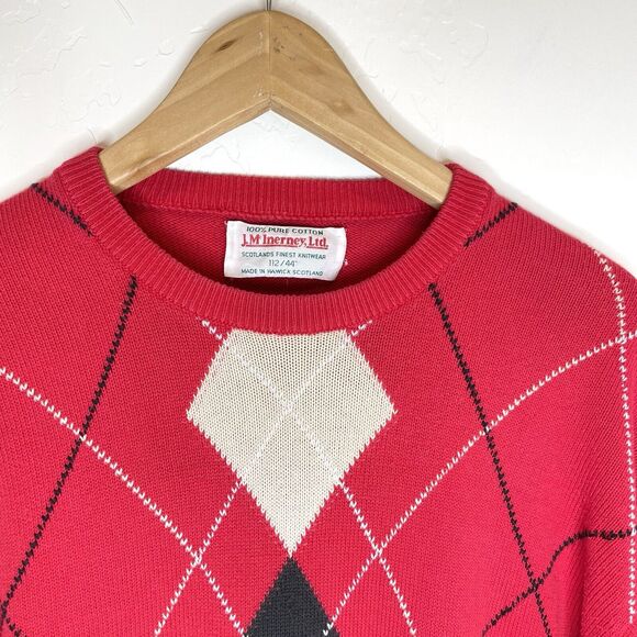 Vintage J. McInerney Ltd Mens 112/44” Red Argyle Cotton Crew Sweater Scotland - Picture 2 of 5